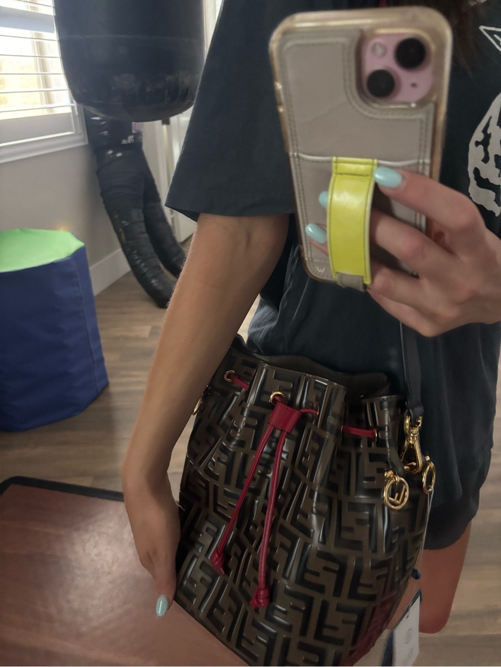 Fendi Brown Embossed FF Bucket Bag with Red Drawstring and Black Strap - Picture 5 of 8